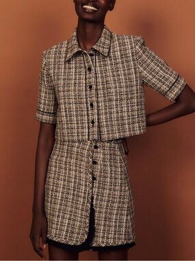 Sandro Tweed Cropped Jacket in Black, Cream, Brown Size 36